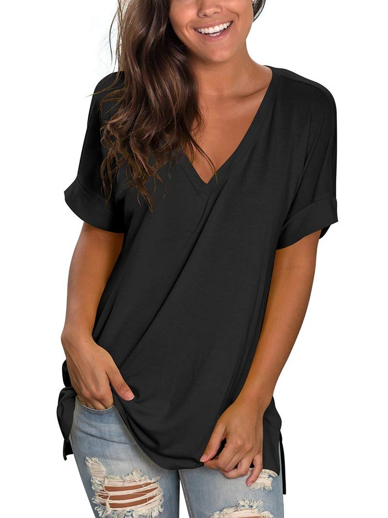 SAMPEEL V Neck T Shirts Women Short Sleeve Tee Tops Summer Loose Casual High Low Black S - Image 2
